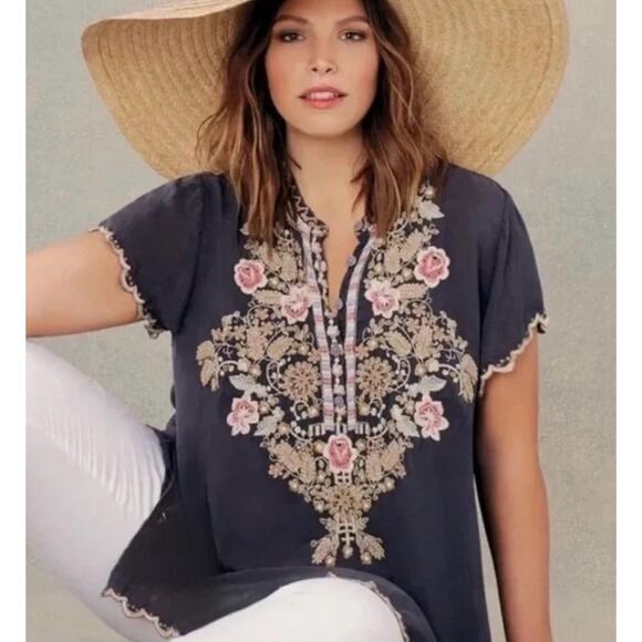 JOHNNY WAS Talum Floral Embroidered Blouse Charcoal Gray Tunic Large Bohemian - Picture 1 of 10